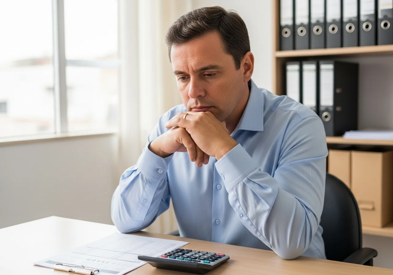 Empresário debruçado sobre a mesa, mãos entrelaçadas em frente ao queixo, olhando preocupado para uma lista de preços e uma calculadora
