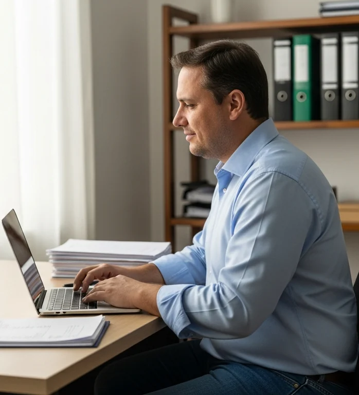 O mesmo empresário, agora tranquilo, trabalhando no notebook em uma mesa organizada